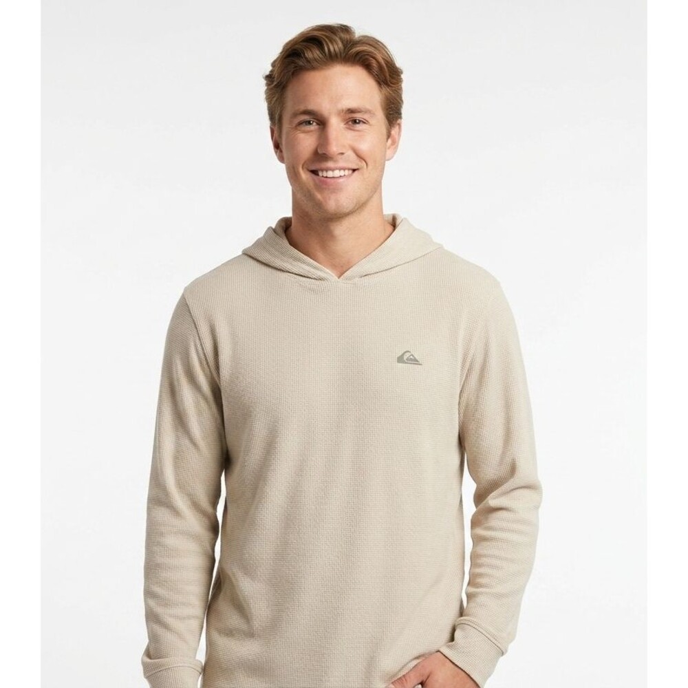 Quiksilver Men L Textured Pullover Hoodie Tan Beige Waffle Knit Tech Shirt Large